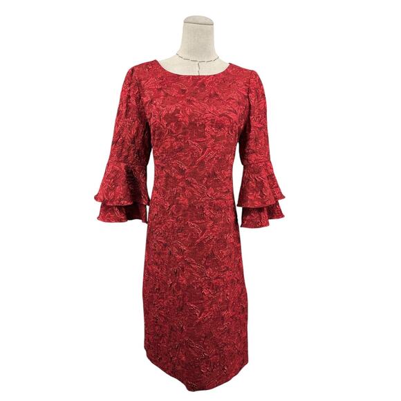 THEIA Red 3/4 Bell Sleeve Textured Floral Pattern Scoop Neck Sheath Dress Size 6 - Picture 1 of 8